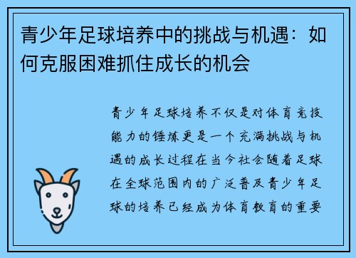 青少年足球培养中的挑战与机遇：如何克服困难抓住成长的机会