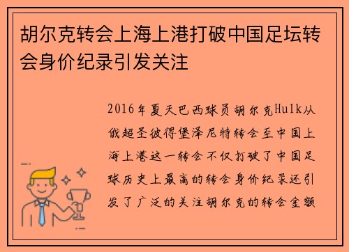 胡尔克转会上海上港打破中国足坛转会身价纪录引发关注