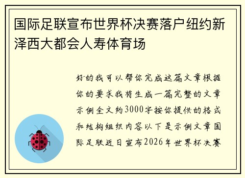 国际足联宣布世界杯决赛落户纽约新泽西大都会人寿体育场